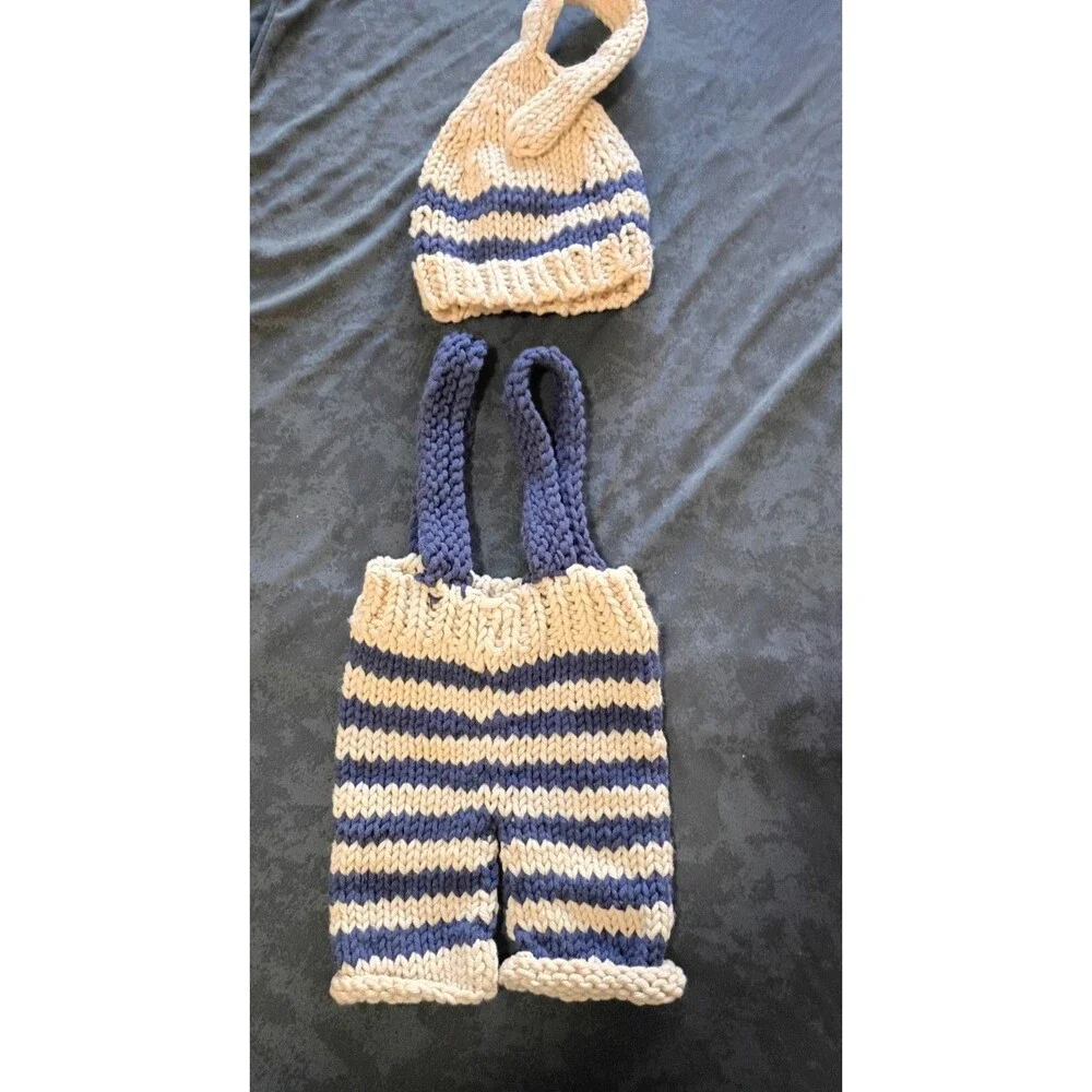 2pc Newborn Knit Striped Suspender Pants & Hat Beige/Blue Button